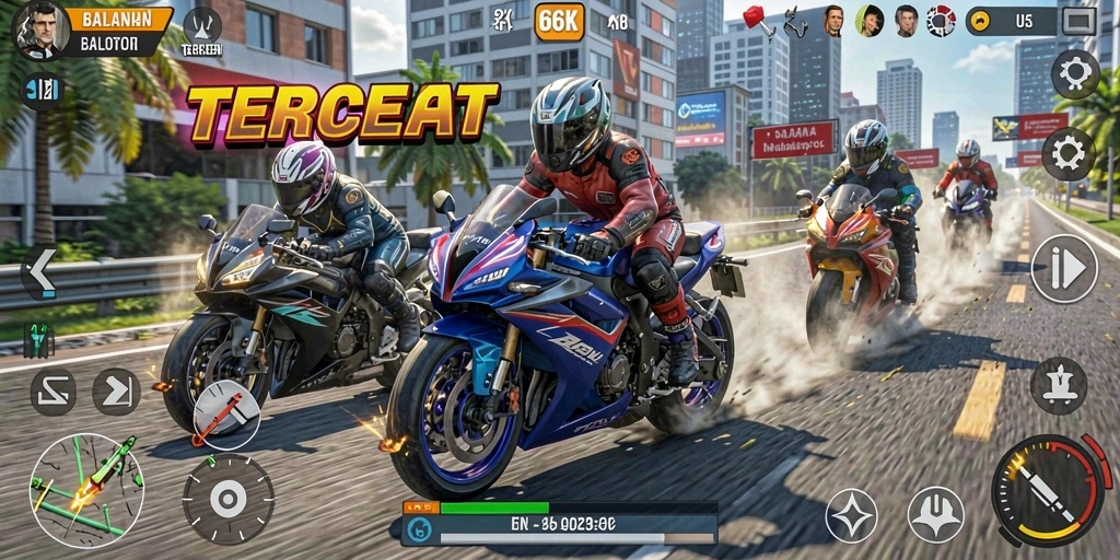 Gameplay menegangkan balapan motor di jalanan yang menantang.