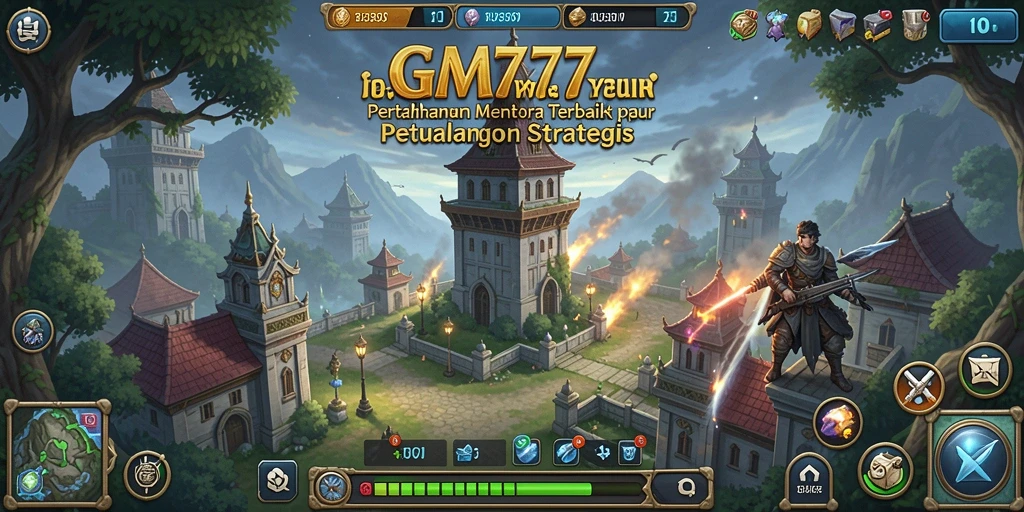 Screenshot gameplay GM777 menampilkan pertahanan menara yang strategis dan menakjubkan.
