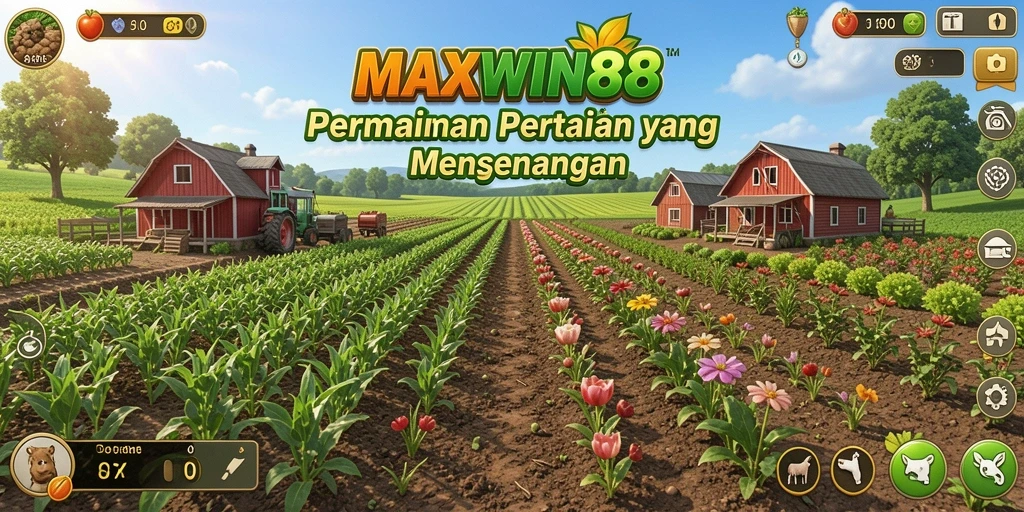 Gameplay MAXWIN88 menampilkan petani yang merawat ladang dan hewan ternaknya.